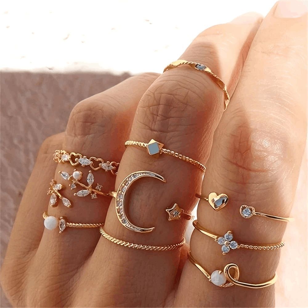 Boho Layer Stackable Diamond Rings - 10 Piece